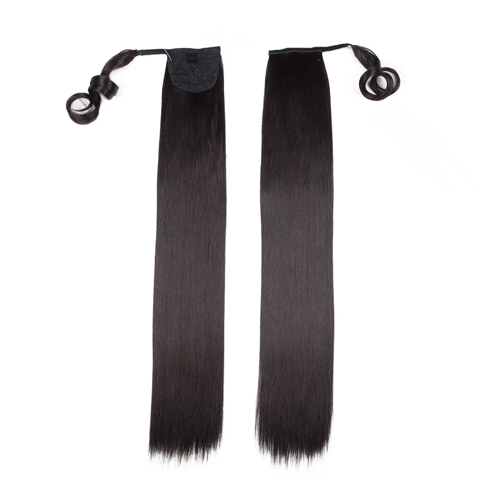 FASHION IDOL Straight Ponytail Hair Synthetic Wrap Around Clip in Fake Hair Extensions Natural Hairpiece Fiber Black Pony Tail