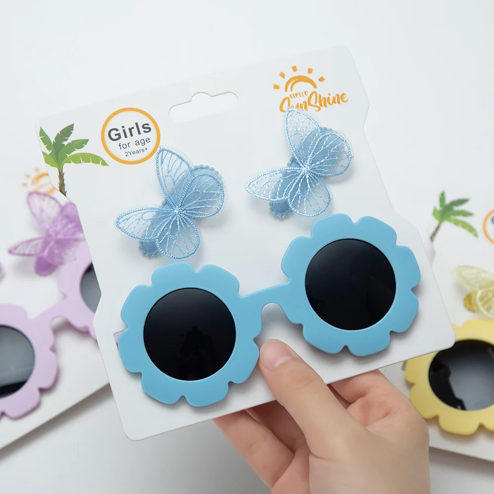 3Pcs/Set Embroidery Butterfly Hair Clips with Baby Sun Glasses Flower Sun Protection Kids Headwear new kids sunglasses children round panda sunglasses girls boys baby sport shades glasses outdoor sun protection eyewear with bag