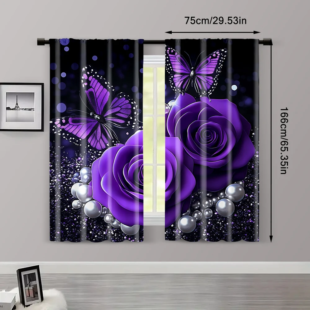 2pcs, Curtains Purple Rose Butterfly Flower Romantic Valentine's Day Blackout Polyester Versatile Applies to Holiday Decorations 3