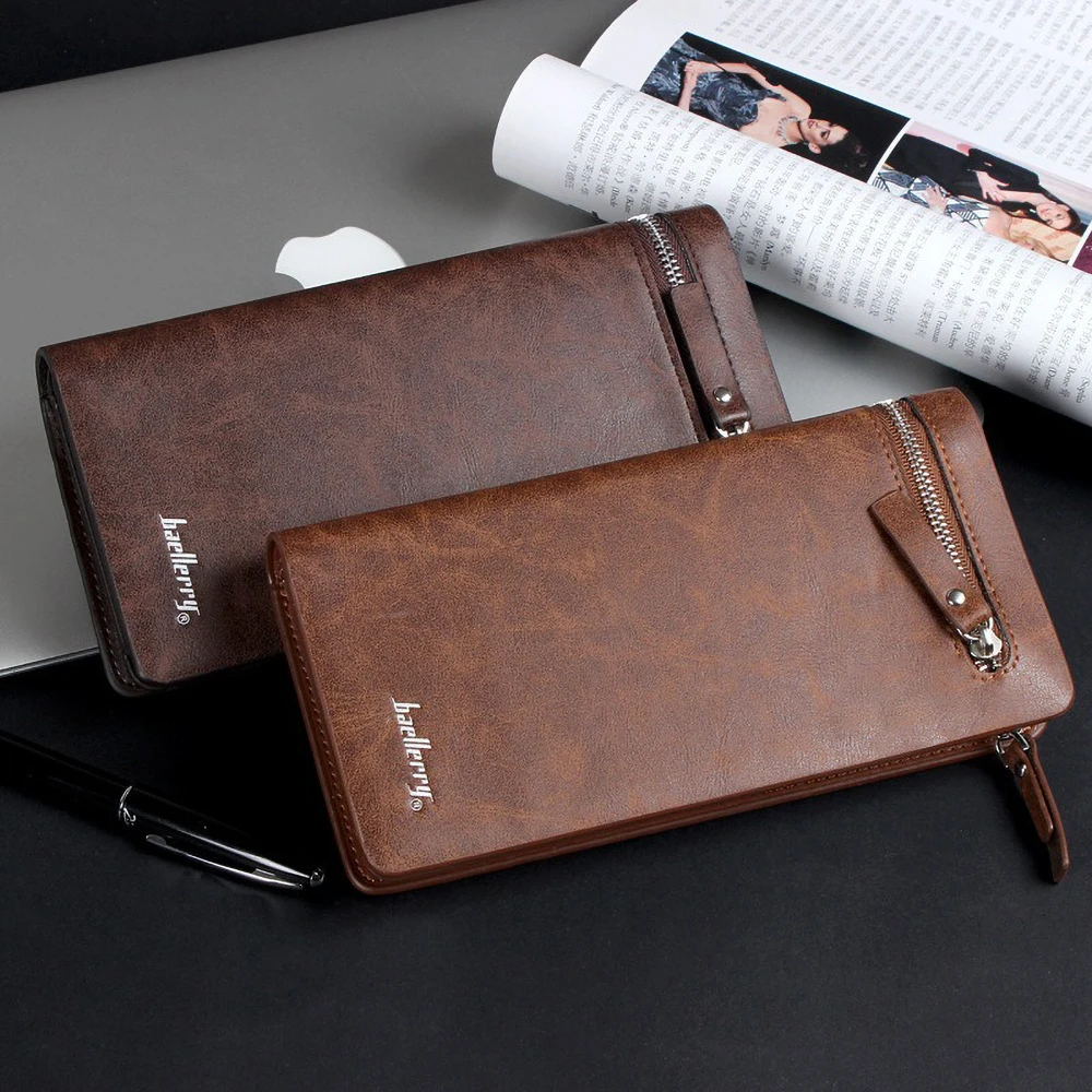 Baellerry Men's Business Pu Wallet, Multi Card Slots & Ticket Compartments, Copper Zipper, Soft Wear - Resistant Long Purse