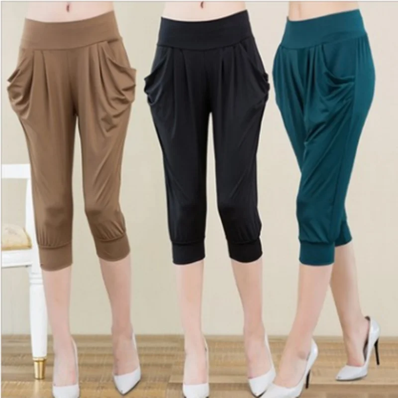 

2023 Summer Milk Silk Fabric High Elastic Thin High Waist Slim Loose Casual Harem Pants Cropped Pants for Women SA421