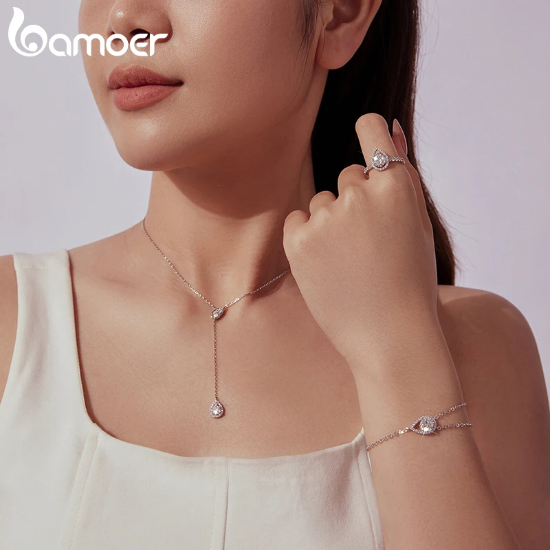 BAMOER 0.9-2.9CT Moissanite 목걸이 반지 페어 컷 물방울 팔찌 여성용 웨딩 쥬얼리 세트