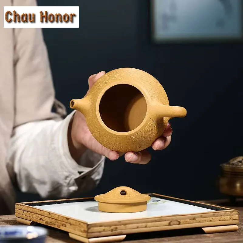 250ml Yixing Raw Ore Golden Section Mud Dragon Pattern Carving Purple Clay Teapot Handmade Household Kung Fu Tea Set Customized