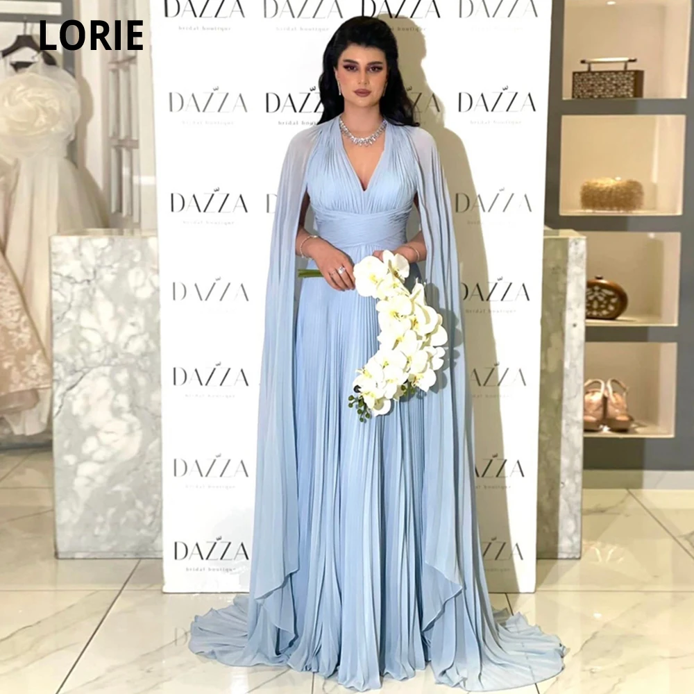 

Шифоновые платья LORIE для выпускного вечера из Саудовской Аравии, модное пляжное платье с лямкой на шее, вечернее платье с накидкой, небесно-голубые плиссированные платья в стиле знаменитостей Дубая