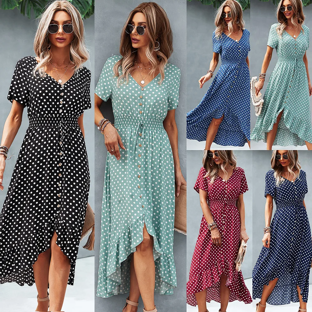 

Women Short Sleeve Boho Printed Floral Long Dress for Summer Swing V Neck Buttons