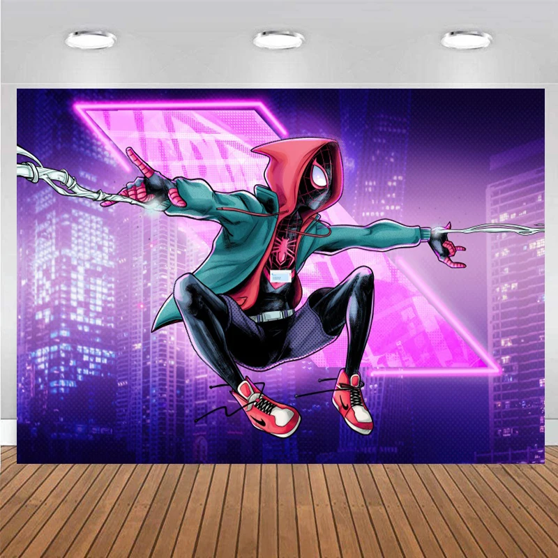 Spiderman Miles Morales Party Background Spider Verse Happy Birthday Decoration Banner Kids Spider Man Cyberpunk City Background