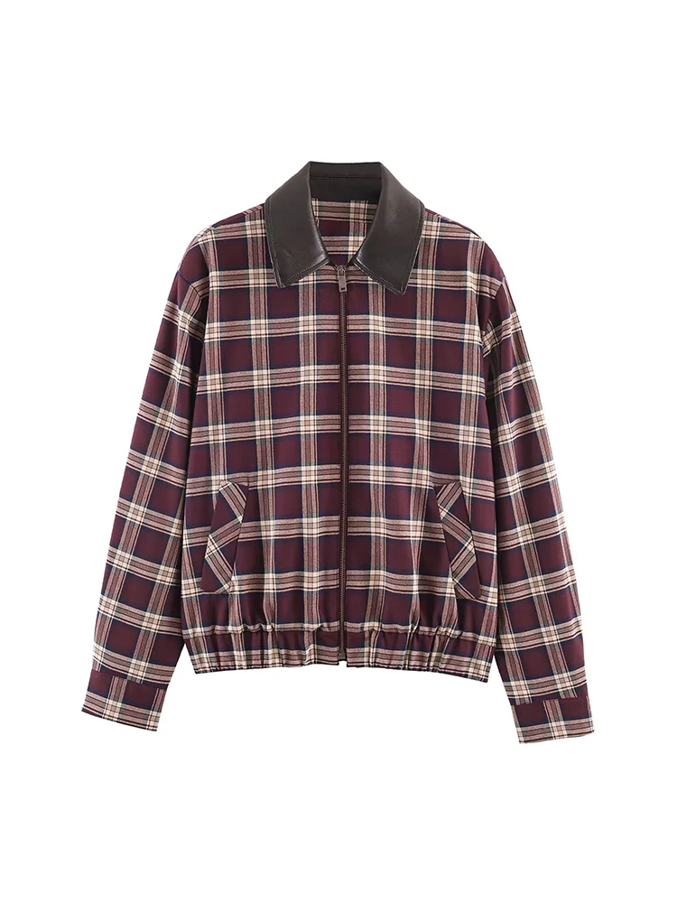 New Women's Plaid Skirts Suit Casual Faux Leather  Neck Loose Jacket Coat Mini Pleated Shorts Skirt Two-Piece Set Fashion Set