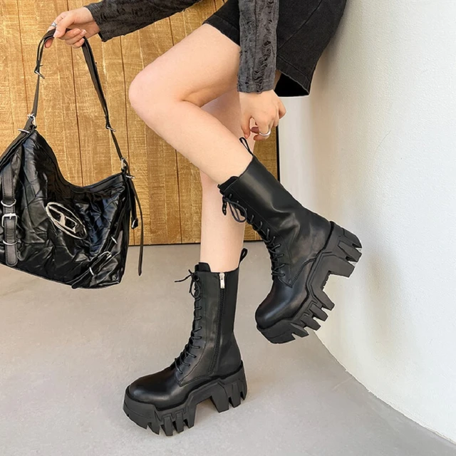 Petite Girl Plattform Doc Martens Damen Leder britischen Stil Schnürung  runden Kopf erhöhen Mid-Leg Mode Tank Stiefel - AliExpress