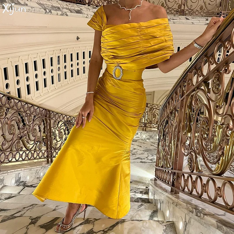 

Xijun Yellow Pleated Mermaid Prom Dresses Cap Sleeves Formal Evening Gowns For Women Saudi Arabia Party Dress Robe De Soiree