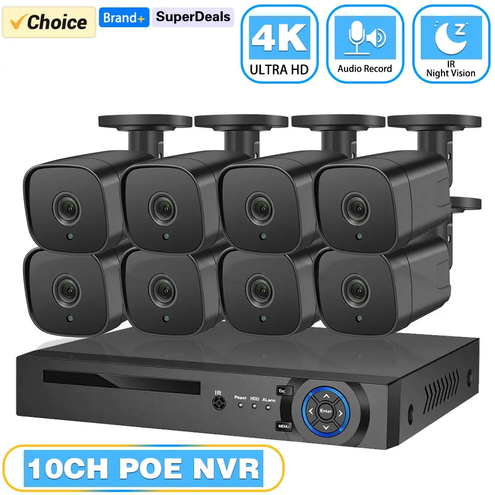 4K POE 보안 IP 카메라 시스템 10CH 8CH NVR 8MP 실외 IP 카메라 오디오 녹음 방수 주야간 투시경 감시 키트