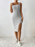 Women Summer Style Knitted Suspender Dress Lady Sleeveless Square Collar Side Slit Skirt Dress Vestidos 5