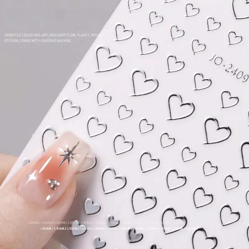 6pcs/set Metallic Silver Star/Moon/Heart Nail Sticker Y2K 3D Metal Mirror Effect Nail Decal 8*10cm Self-Adhesive Decoration