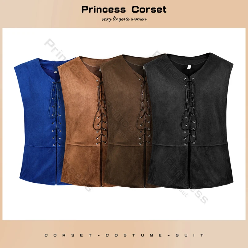 Mens Pirate Vest Viking Costume For Men Brown Steampunk Vest Black Lace