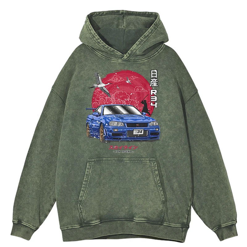 Sudadera con capucha retro desgastada con inicial de coche de carreras japonés GTR R34 para hombre, sudadera informal de moda, sudadera holgada 100 % algodón, sudadera de gran tamaño