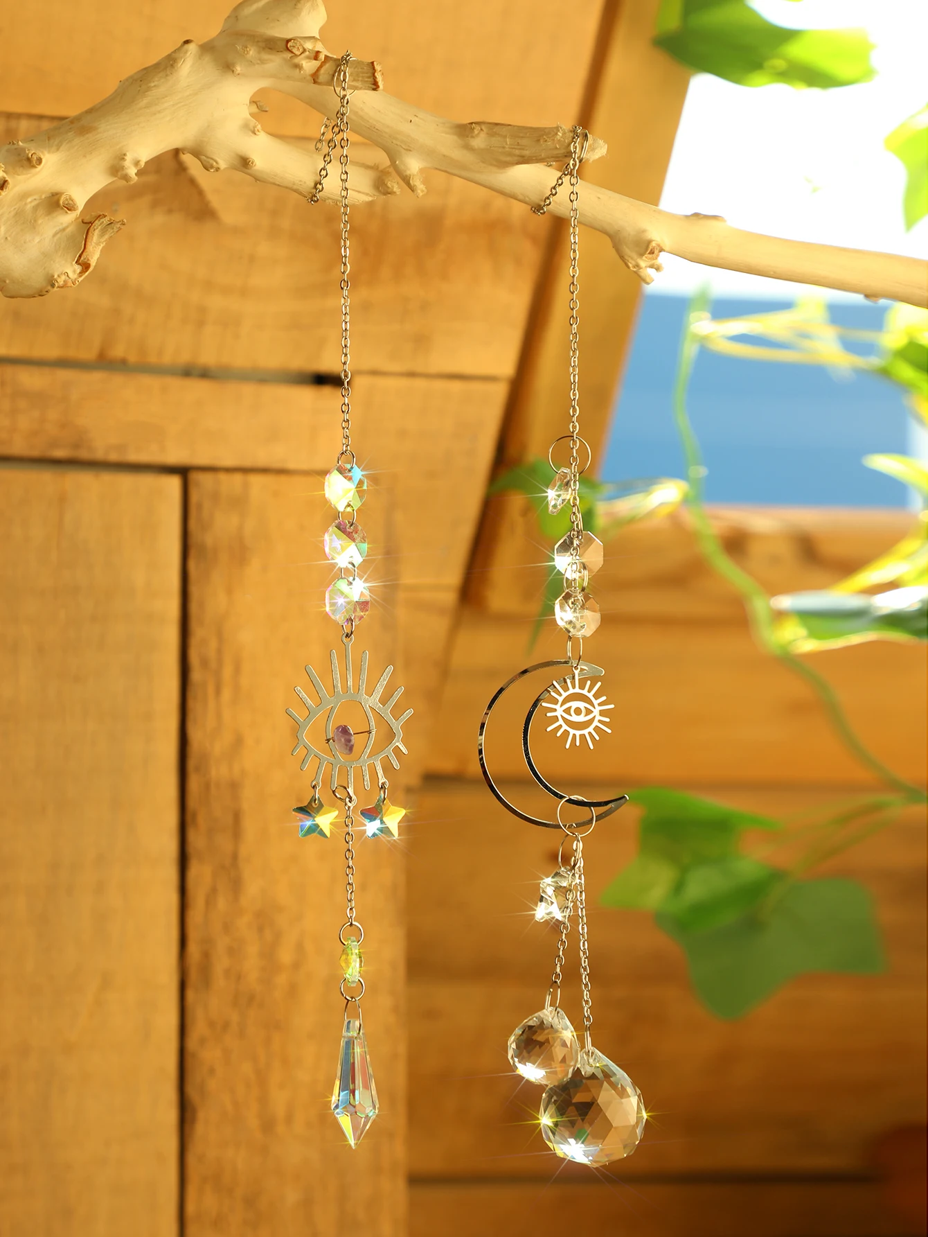 2pcs Evil Eye Moon Crystal Sun Catcher Hanging Ornaments Garden Suncatchers Window Wind Chimes Light Catcher Outdoor Decors Gift