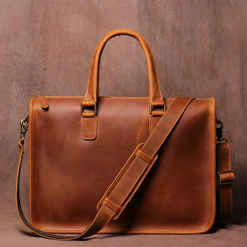 Men's Bag Crazy Horse Leather Men Briefcase for Laptop 14 Messenger Men's Leather Business Office Bag A4 File