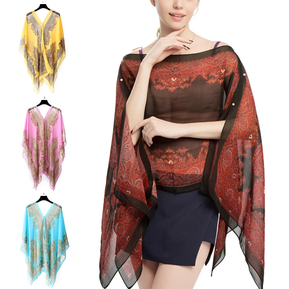 

Woman Chiffon Blouse Scarf Shawl Printed Sunscreen Sun Protection Beach Loose Bikini Cover Tops Cashew Chiffon Pullover Scarves