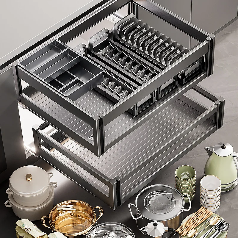 ตะกร้าเลื่อนสำหรับตู้ครัวแบบดึงออกได้ ทำจากอะลูมิเนียม ขนาดใหญ่ สำหรับจัดระเบียบตู้เสื้อผ้า จาน ชาม และของใช้ในตู้เก็บของ 1