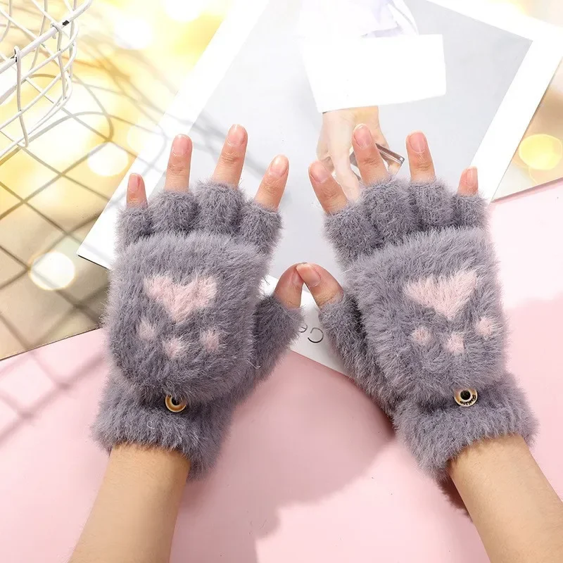 

1Pair Women Girls Lovely Winter Warm Fingerless Gloves Fluffy Bear Cat Plush Paw Claw Half Finger Gloves Outdoor Mittens