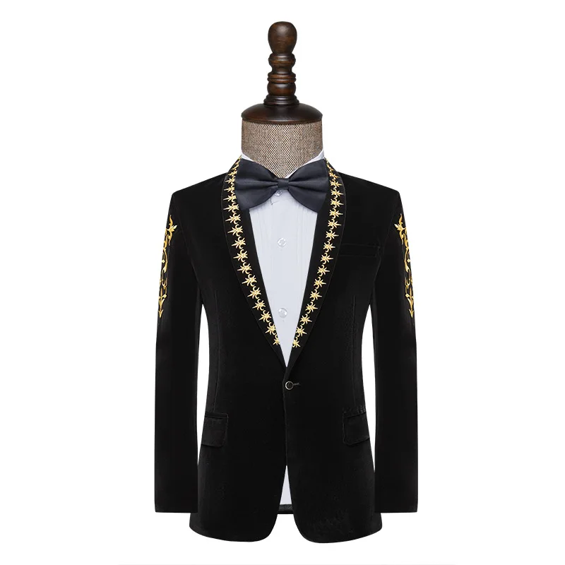 Luxury Velvet Men Suit Jacket Gold Baroque Floral Embroidery  Single Button Wedding Dress Dinner Party Singer Black Blazers Coat