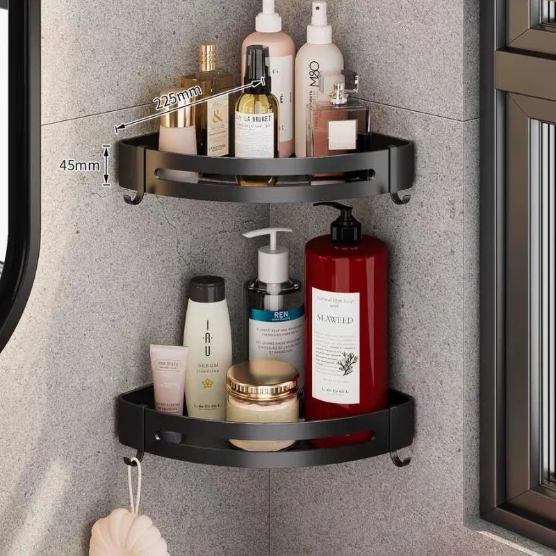 1 Pc Bathroom Corner Shelf With Alloy Shower Rack Hook Towel Bar No Drill Space Aluminum Shower Storage Rack Bathroom Organizer 2
