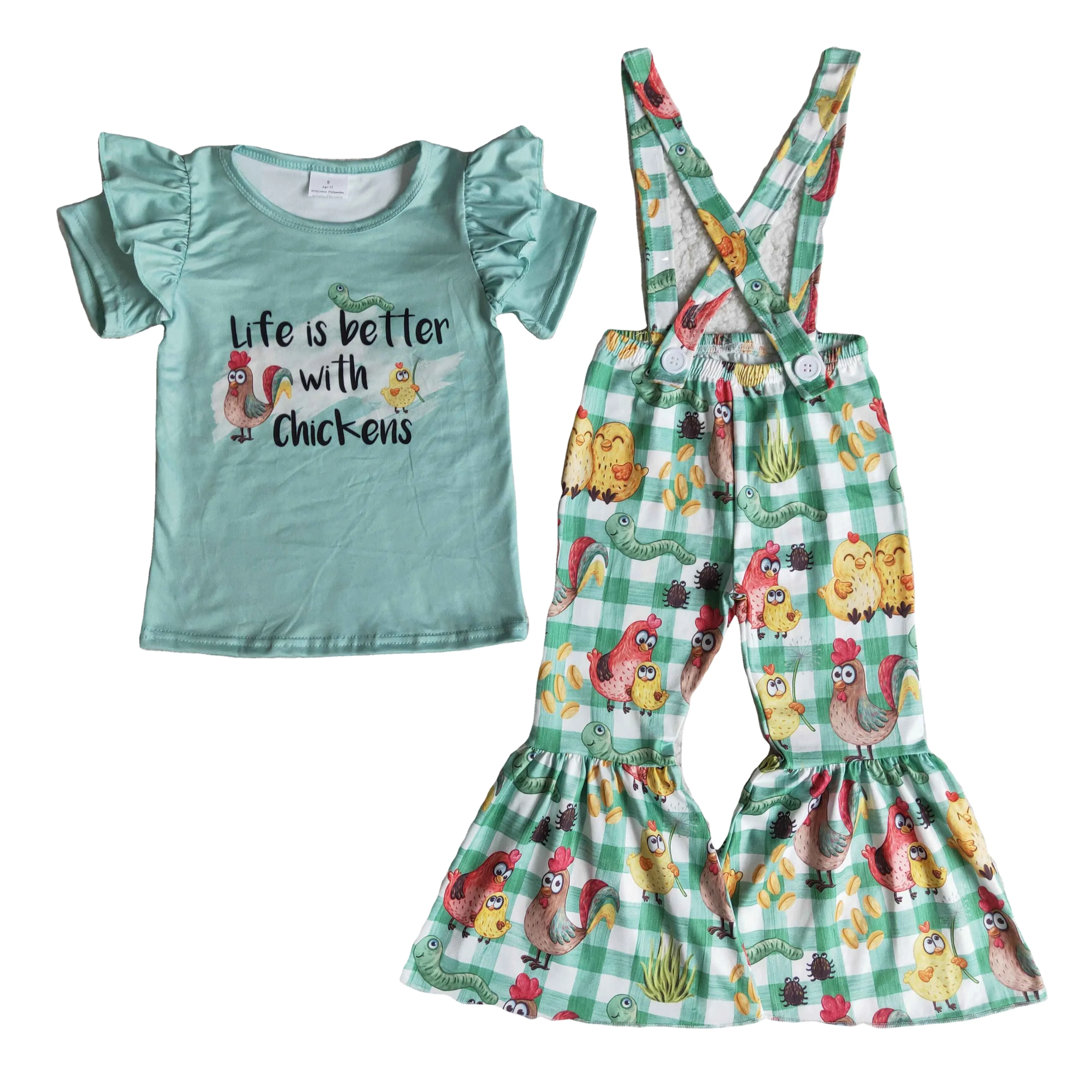 conjunto-de-calcas-plissadas-verdes-infantis-menina-a-vida-e-melhor-com-galinhas-macacao-de-crianca-macacao-infantil-de-outono-roupa-infantil