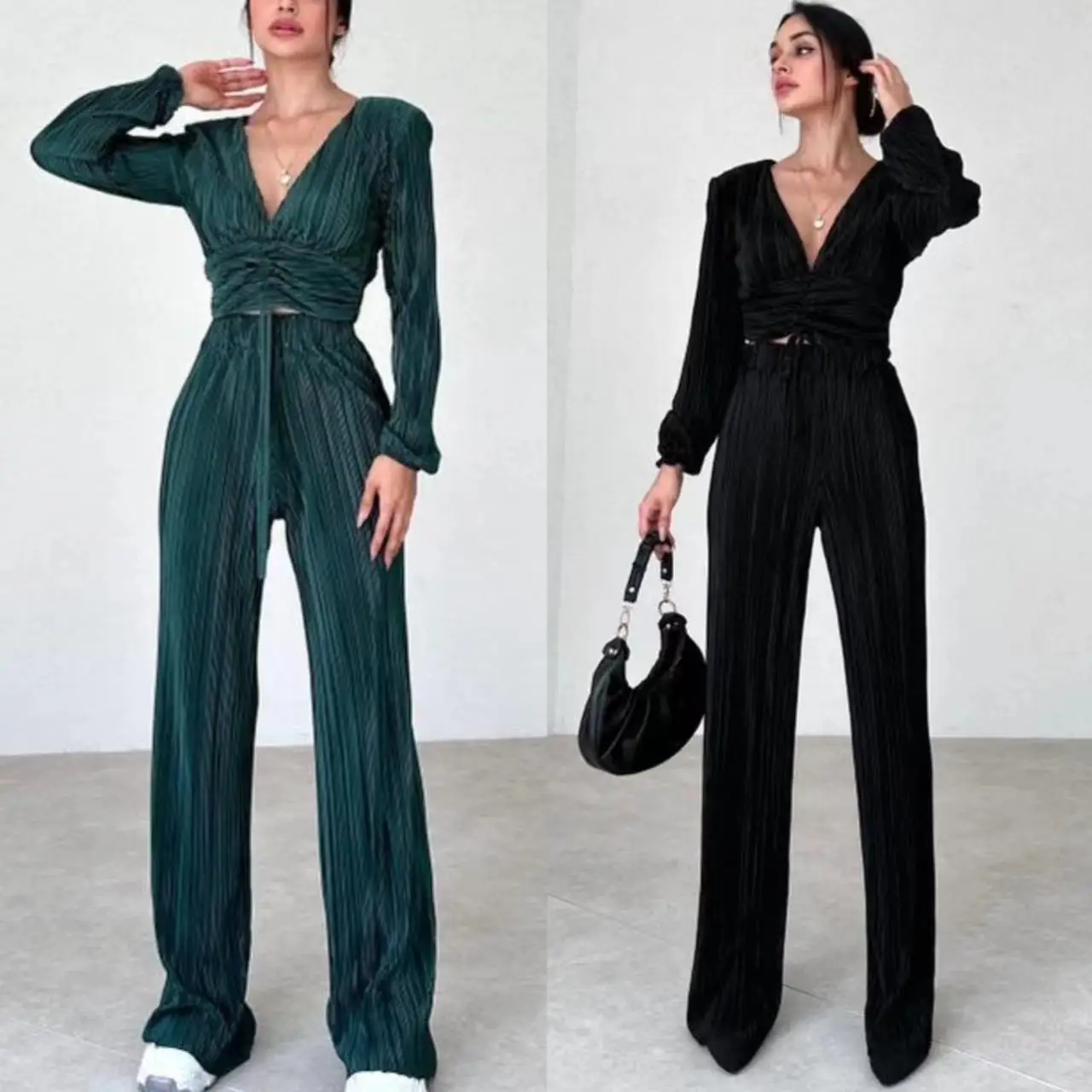 

2023 New Drawstring Long Sleeve V-neck Two Piece Sets Women Autumn Pleated Straight Wide Leg Pants 2 Piece Set For Women