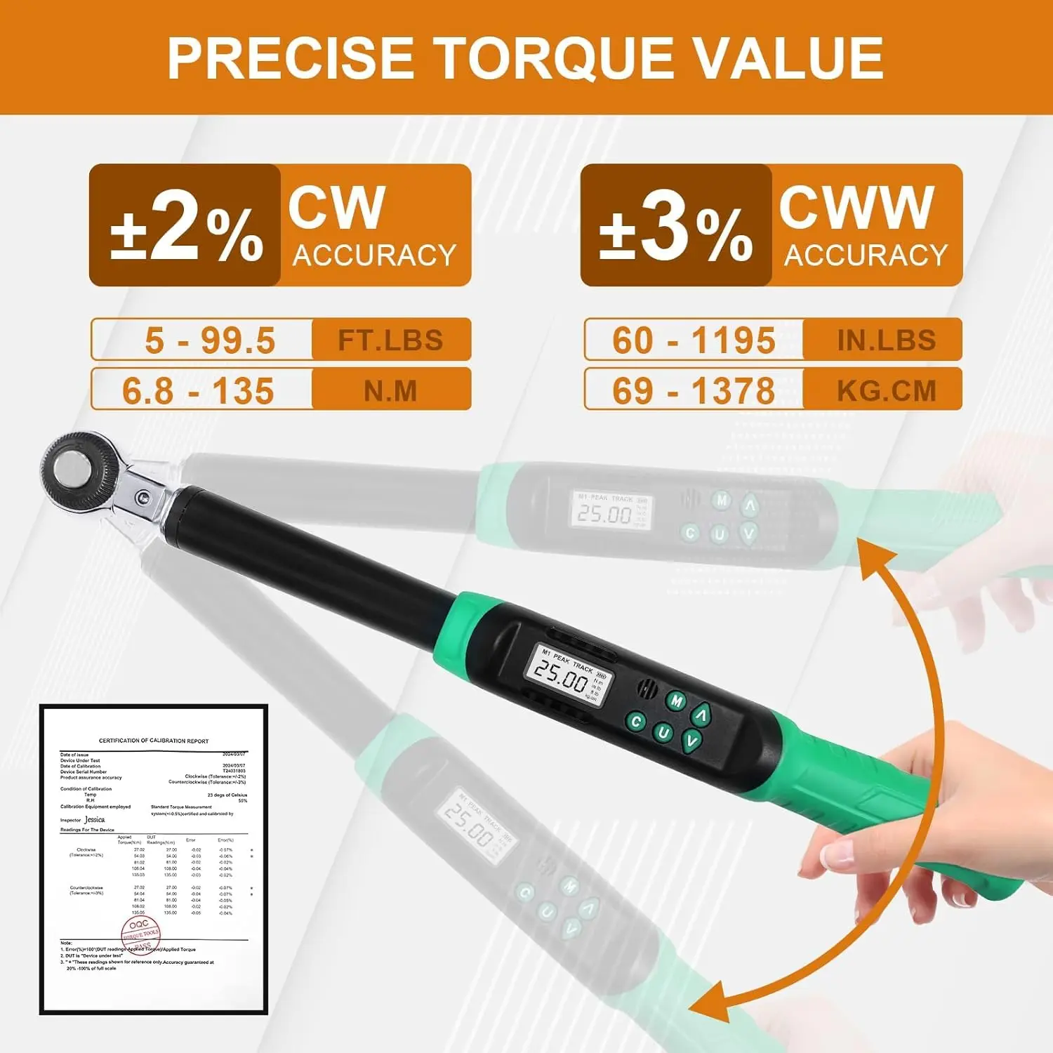 조절식 디지털 토크 렌치 5-99.6ft.lbs/6.8-135N.m 3/8인치 라쳇 헤드 5-35mm 죠 버저 및 LED 자동차 오토바이 수리용