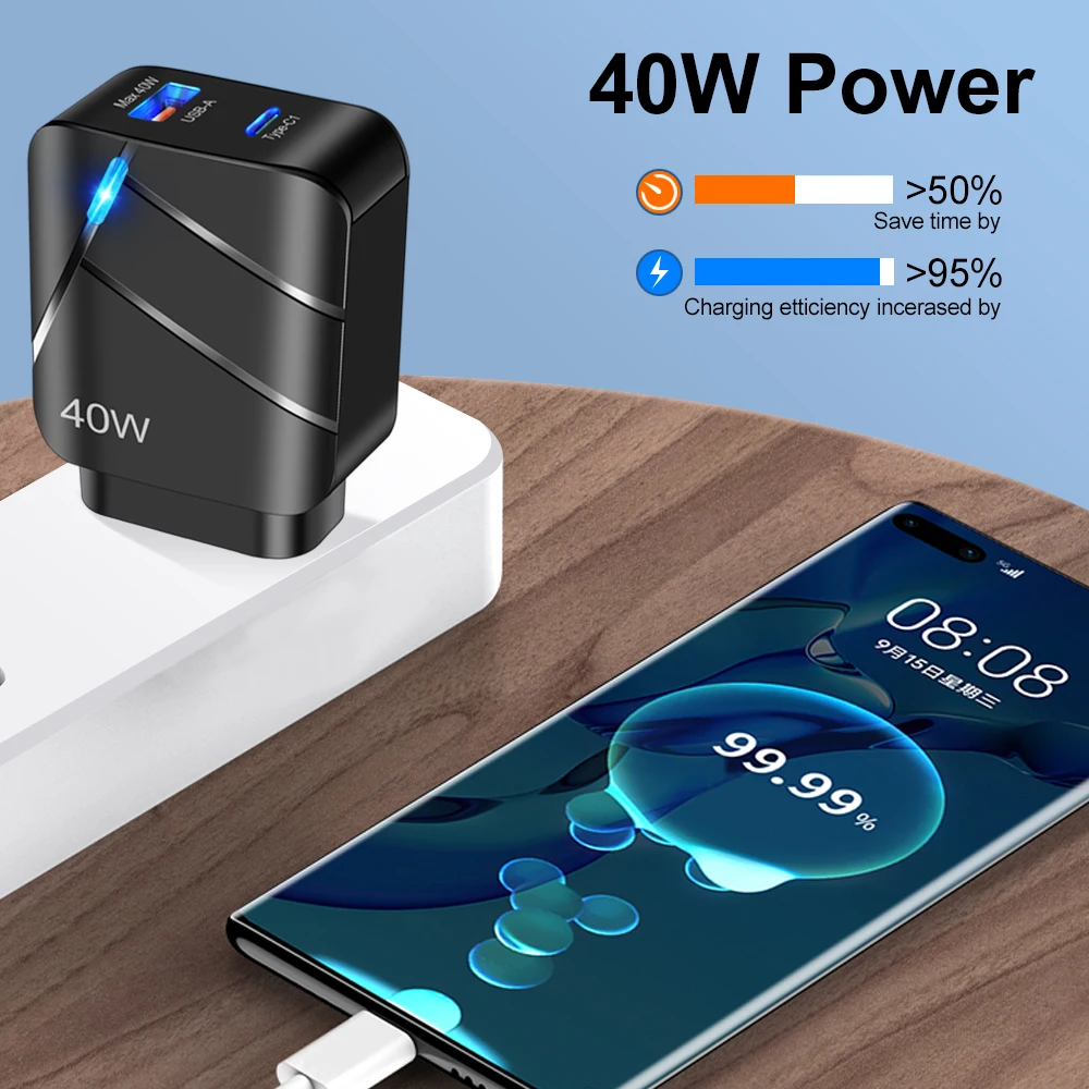 Dual-Port 40W USB-C Fast Charger with QC3.0 and PD Technology