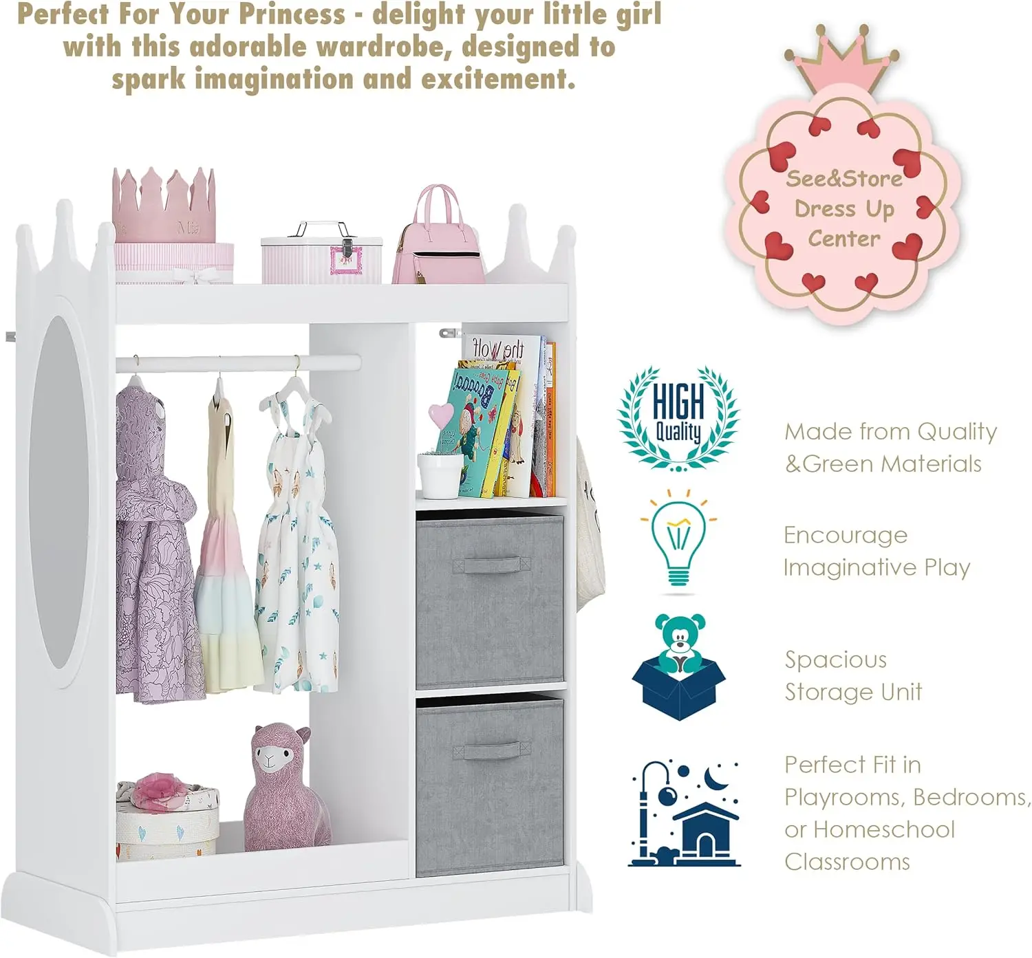 Kids Play Armoire with Mirror, Storage Bins and Closet for Dress Up and Costumes (White) 4
