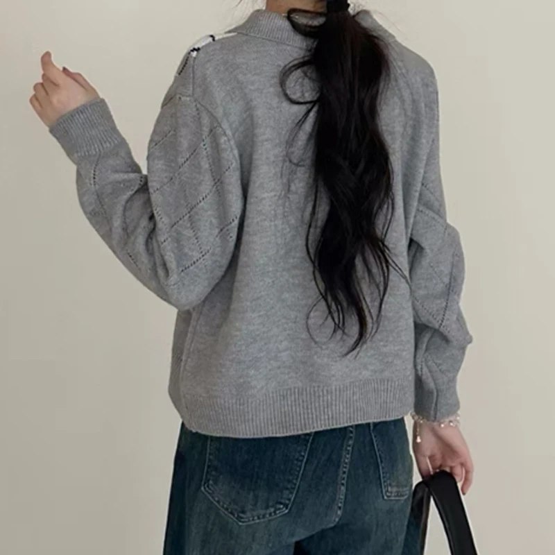 Autumn and Winter Fashion Women's Clothing New Women's Cardigan Rhombus Long-sleeved Sweater Lapel Single-breasted Knitwear Top