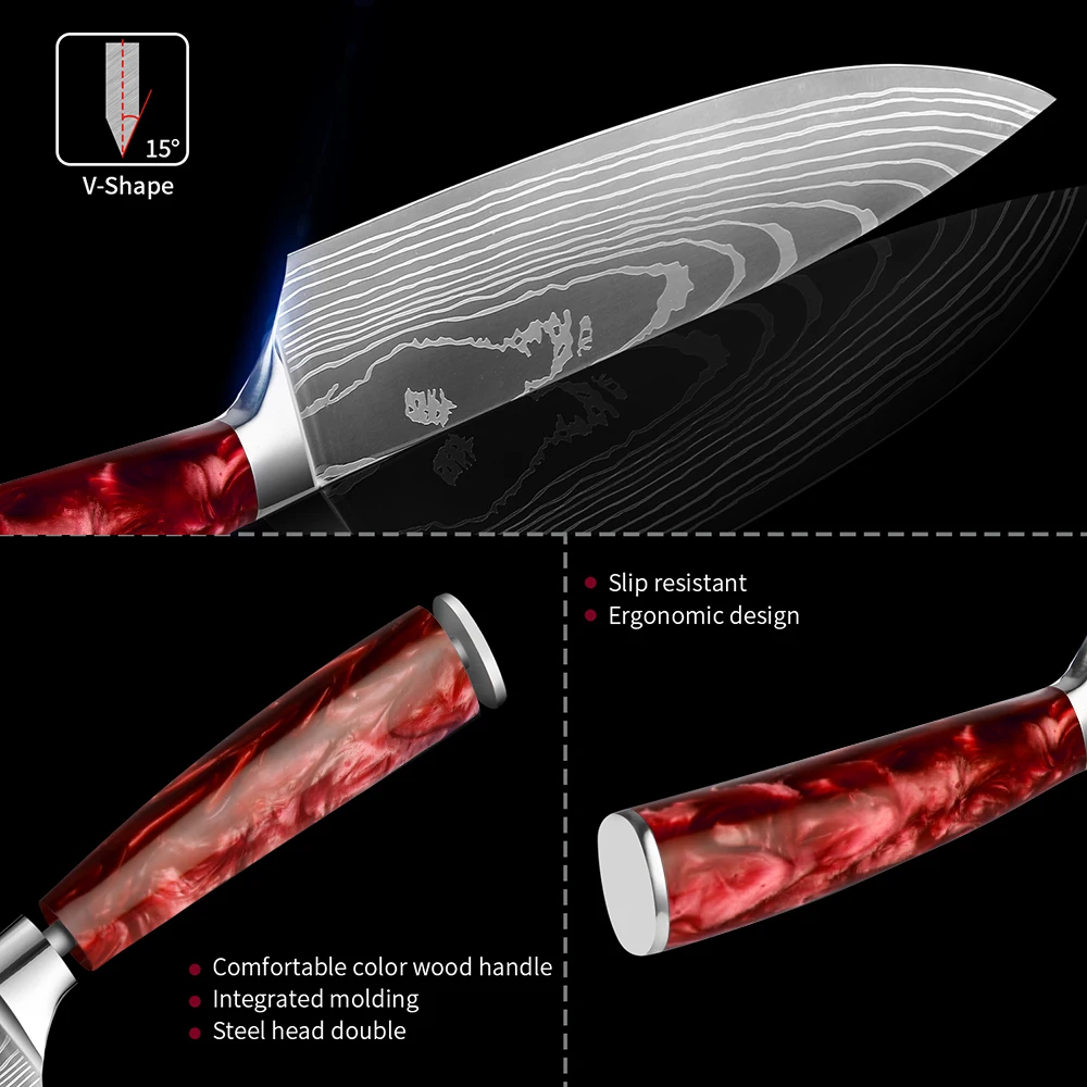 Japanese Damascus Kitchen Knife Set, Ergonomic Red Resin Wood Handle