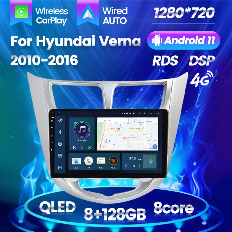 

Android 11 Car Video Player For Hyundai Verna Solaris 1 2010 - 2016 QLED GPS Navigation Carplay 8G 128G 8Core DSP RDS FM No DVD