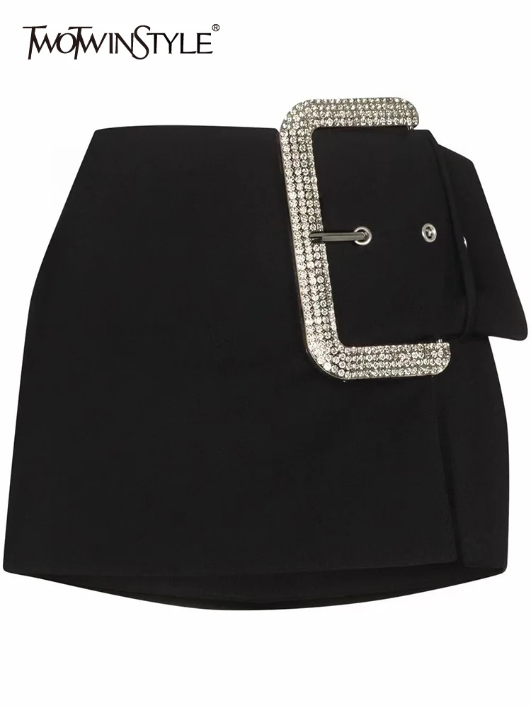 TWOTWINSTYLE Black Patchwork Diamond Skirt For Women High Waist