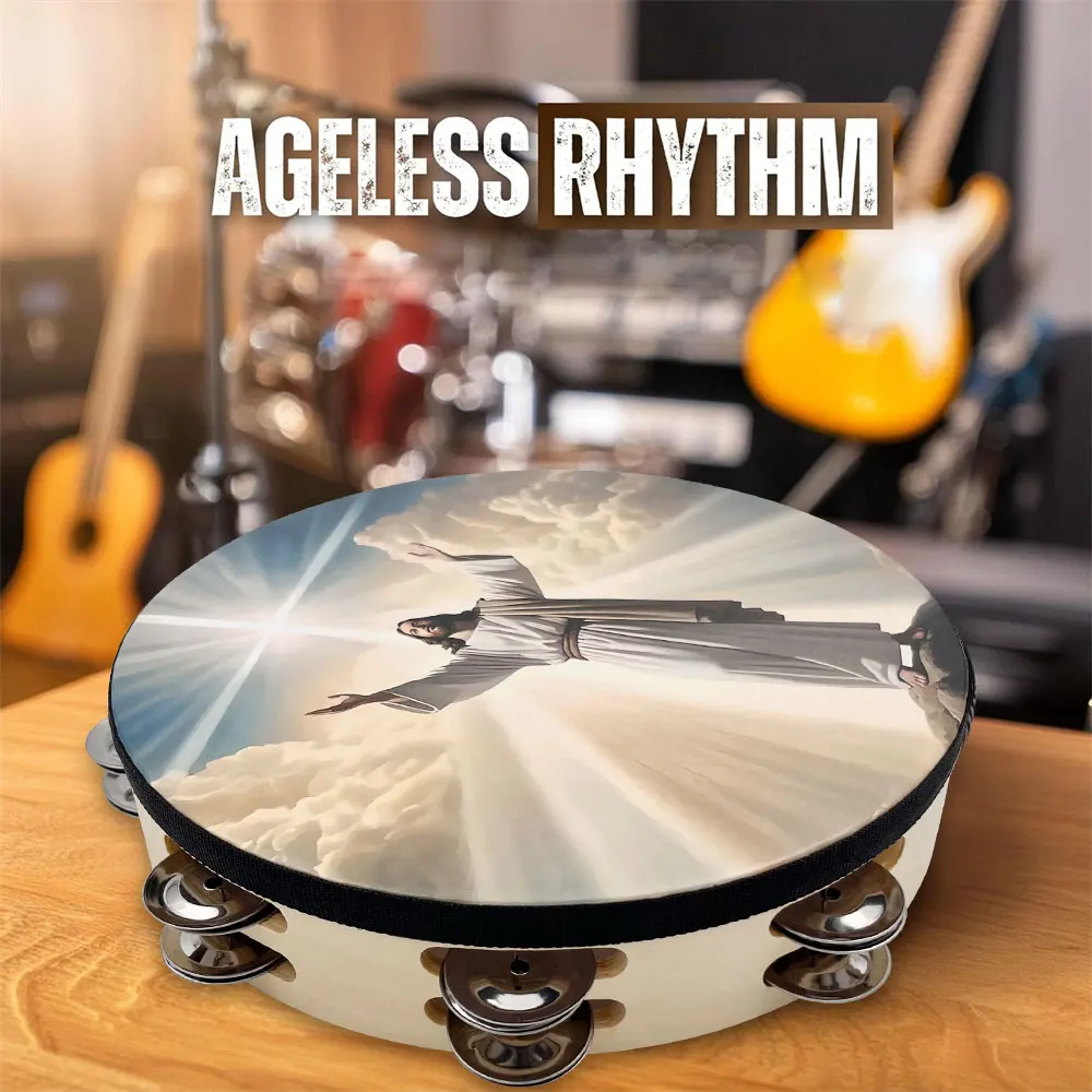 8/10 inch Jesus Tambourine Double Row Jingle Tambourine for Adults, Handbell Clap Drum for Party Musical Instrument
