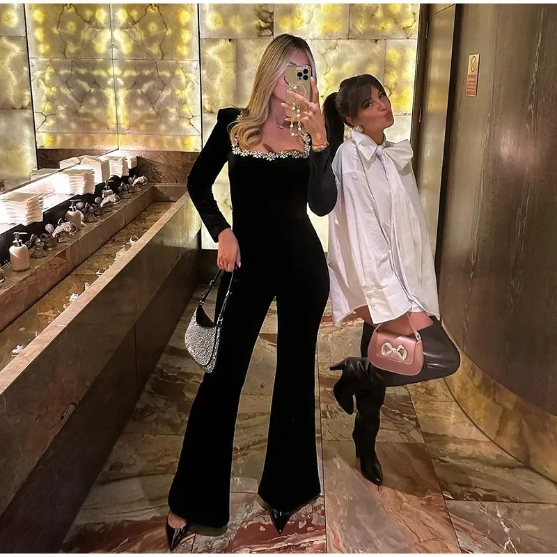 Black Beaded Velvet Jumpsuits For Women One Piece Long Sleeve Square Collar Full Length Jumpsuit Christmas Evening Party Gown