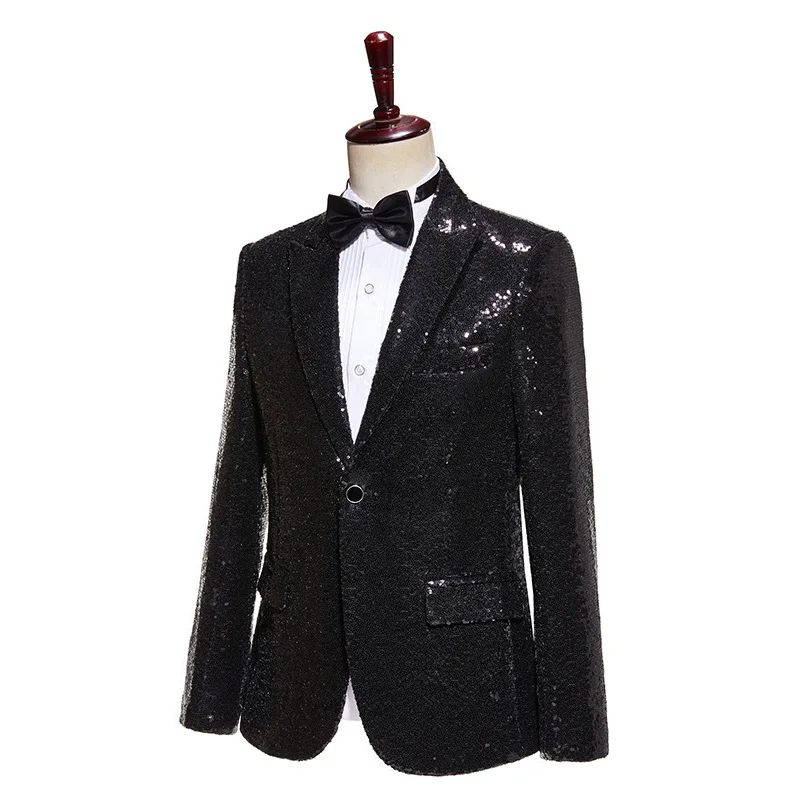 Shiny Black Sequins Male Suit Wedding Groom Stage Prom Sparkling Costume Homme Single Button Fashion Men's Jacket Pants Set 2pcs