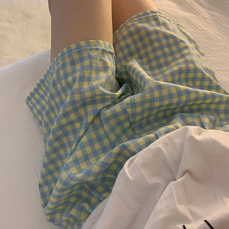 Pantalones cortos holgados de verano, pijamas finos de algodón para mujer, pantalones cortos para mujer, pantalones suaves con estampado de cuadros, pantalones de pijama para mujer._voghion.com