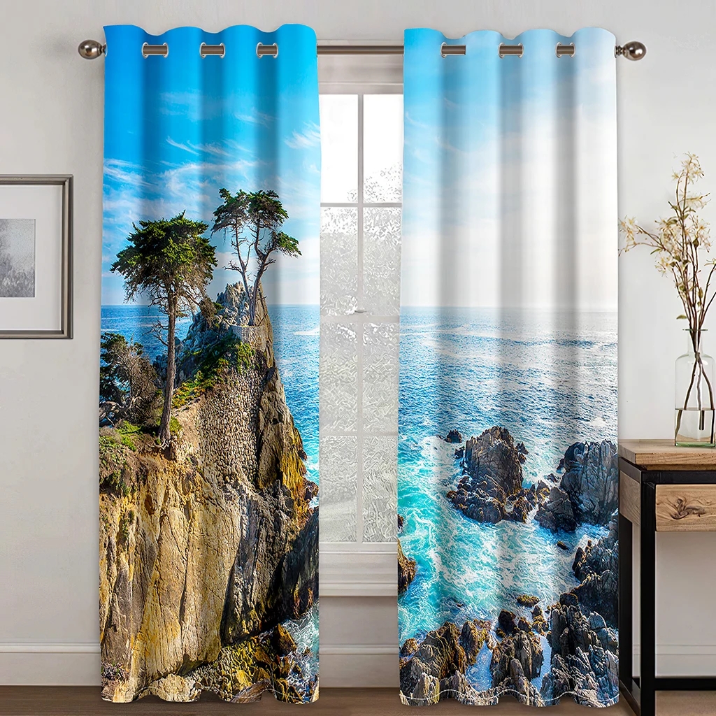 

Seaside Blue Sky White Clouds Reef Blue Ocean Landscape Curtain 2 Panel Modern Home Decor Curtain Living Room Bedroom Curtain