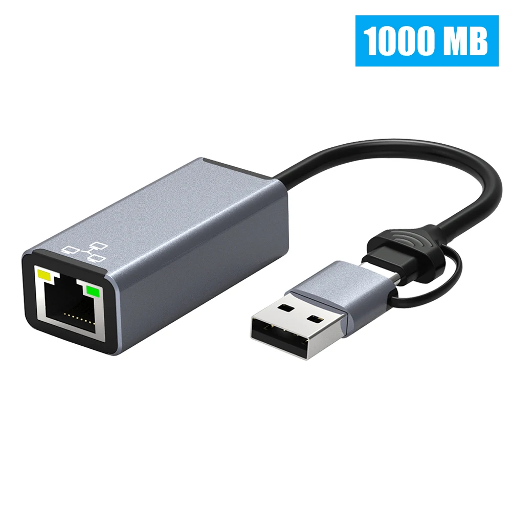 2 in 1 Network Adapter 100/1000Mbps Type C USB to RJ45