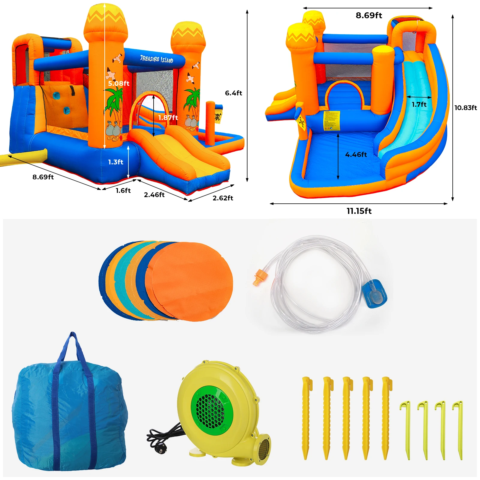 AOOU Kids Inflatable Bounce House w/450W Blower Kid Bouncer & Water Slide 2 in 1 Outdoor Bouncy Castle Water Park