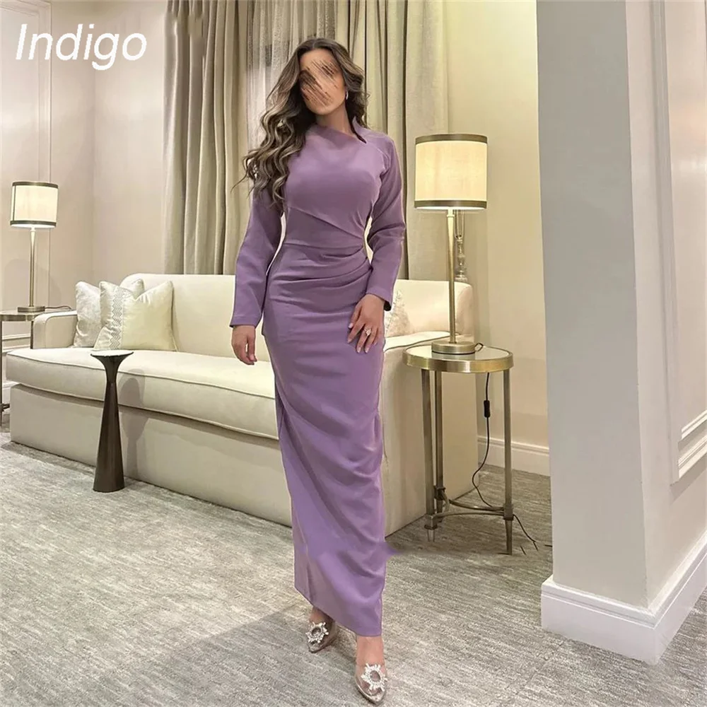 

Indigo Prom Dresses Mermaid 2024 Long Sleeve Zipper Pleat Satin Ankle-Length Simple Elegant Evening Gowns For Women فساتين الس