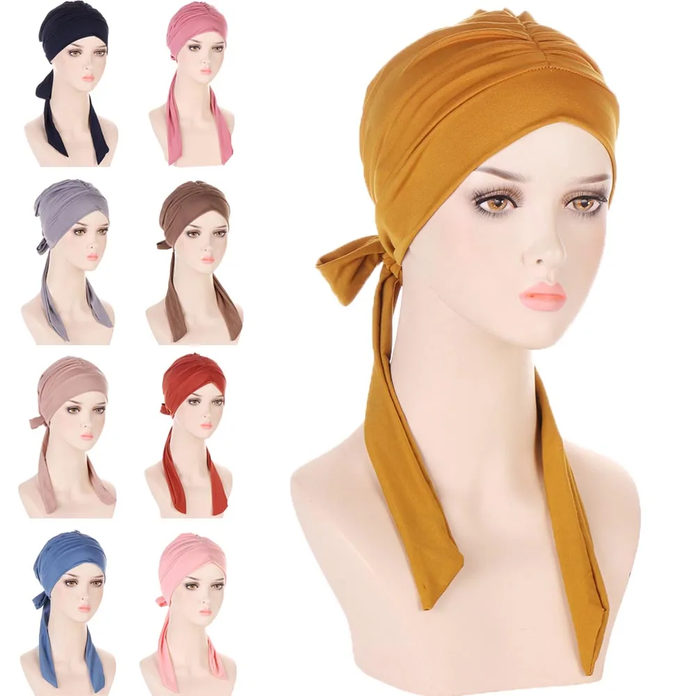 

Women Pre-Tied Hat Turban Chemo Cap Muslim Hijab Long Tail Head Wrap Bonnet Cancer Hair Loss Cover Beanies Headwear Headscarf