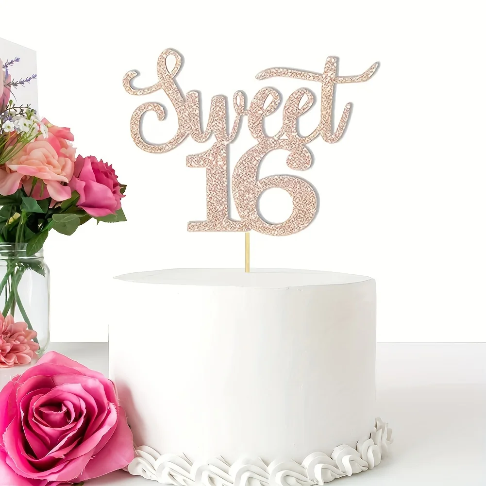1 Stück, roségoldener Kuchen-Dekorationsaufsatz aus Papier Sweet 16, verwendet für jubelnde und glänzende Dekoration auf der 16. Geburtstagsfeier