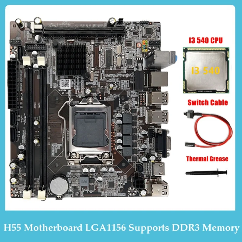 

Материнская плата H55 LGA1156 для настольного компьютера с поддержкой I3 530, I5 760, процессор DDR3, материнская плата с памятью + процессор I3 540 + кабель переключателя + термопаста