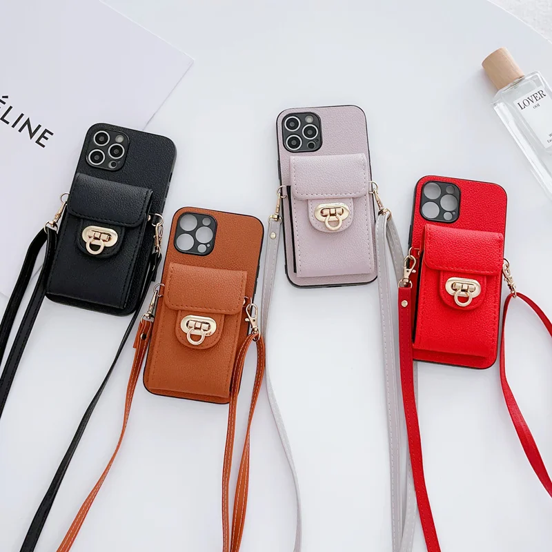 

Luxury Wallet Shoulder Strap Phone Case For iPhone 15 14 14Pro Max 13 Pro 12 Mini 11 Metal Buckle Card Pocket Leather Back Cover