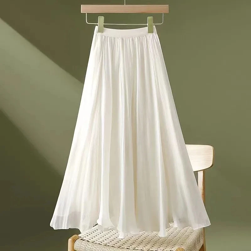 

2024 Fashion Women Chiffon Long Skirts High Waist Floor Length Ruffles White Summer Boho Maxi Skirt Saia Longa Faldas