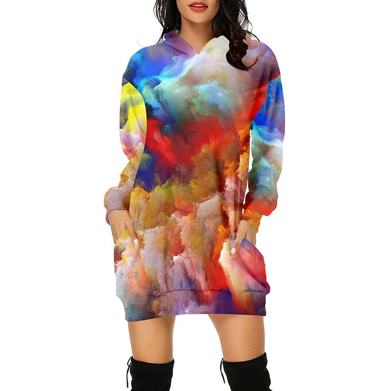Spring and Autumn Women's Street Fashion Printed Hoodie Extended Sweater Casual Japanese Irregular Printed Large Punk Hoodie