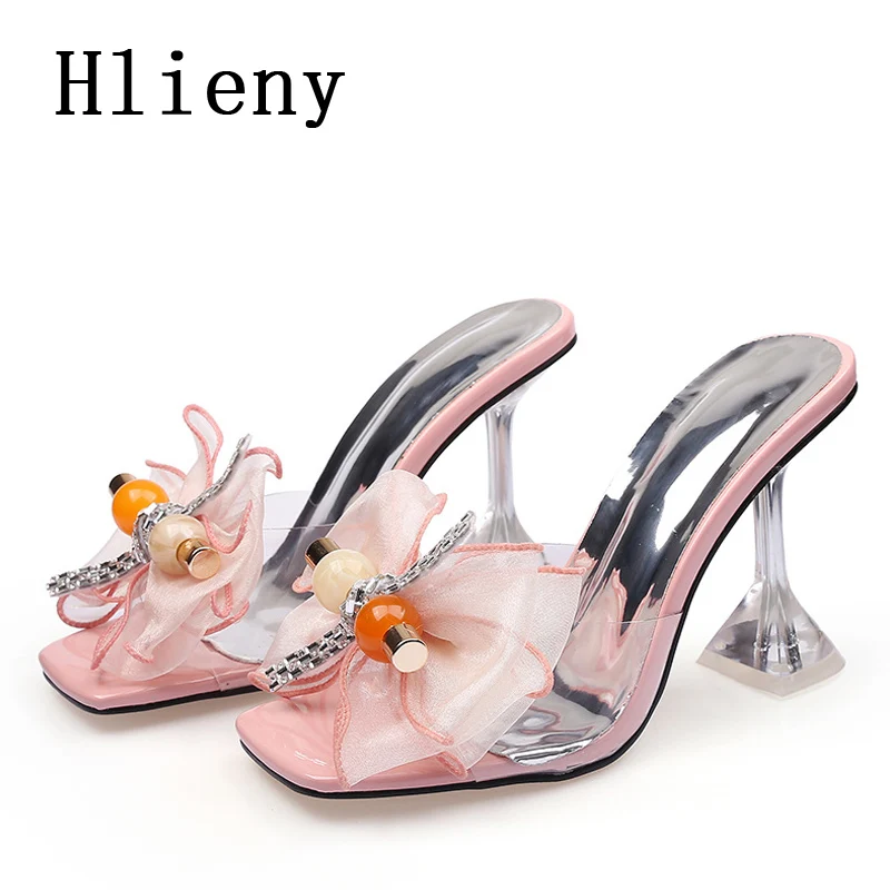 Hlieny Size 34-46 Summer Party Slippers Fashion Pink Bowknot Heels Sandals Women Square Open Toe PVC Transparent Shoes Slides