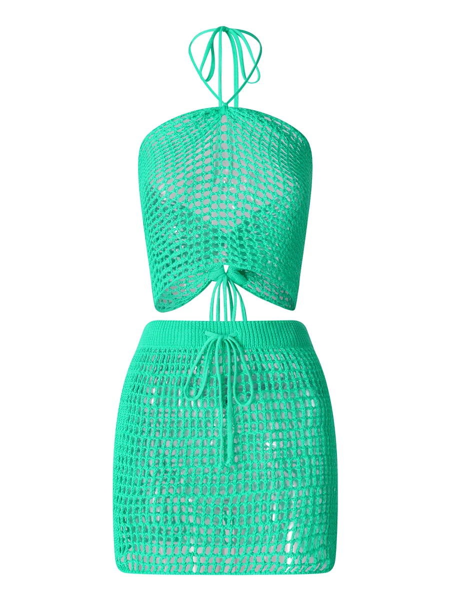

Women Knitted 2 Piece Skirt Set Hollow Out Sleeveless Crop Tops Shirts Wrapped Short Skirt Suits Summer Beachwear